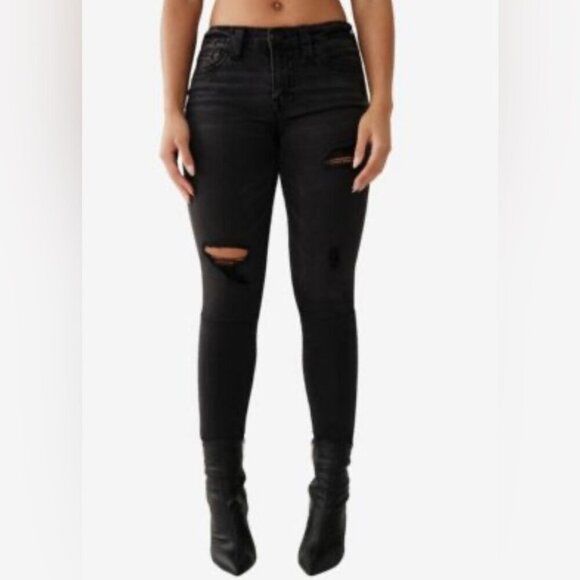 True Religion Halle mid-rise stretch distressed Super Skinny Jeans -Black 25 - Picture 1 of 5